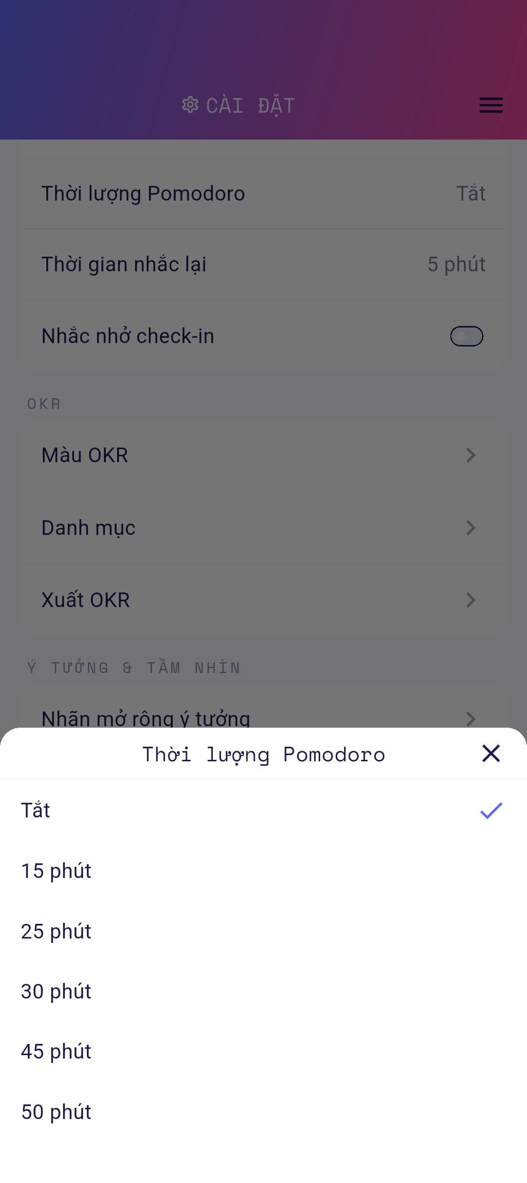 Các tùy chọn thời lượng Pomodoro