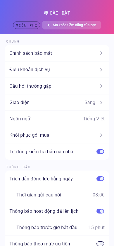 Hàng nâng cấp trong Cài đặt